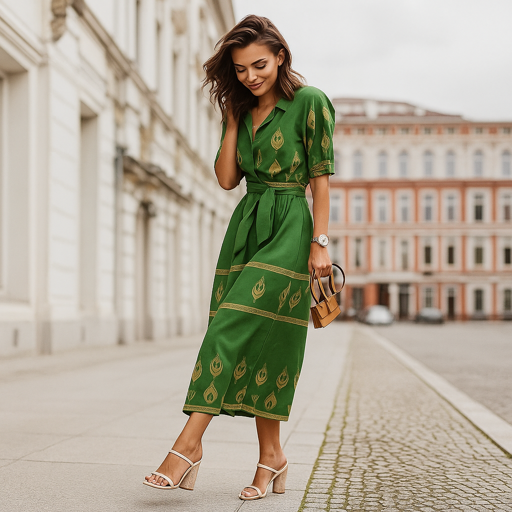 Palmina – Abito Casual in Misto Lino con Cintura verde
