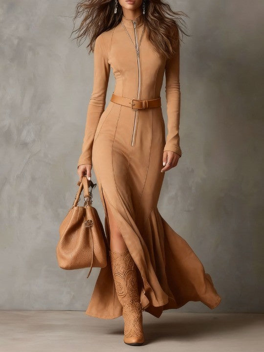 Palmira - Vestito maxi in velluto Khaki