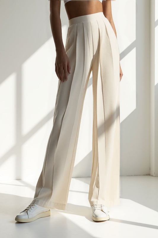 Valeria – Pantaloni Palazzo a Pieghe Verticali Vita Alta Donna
