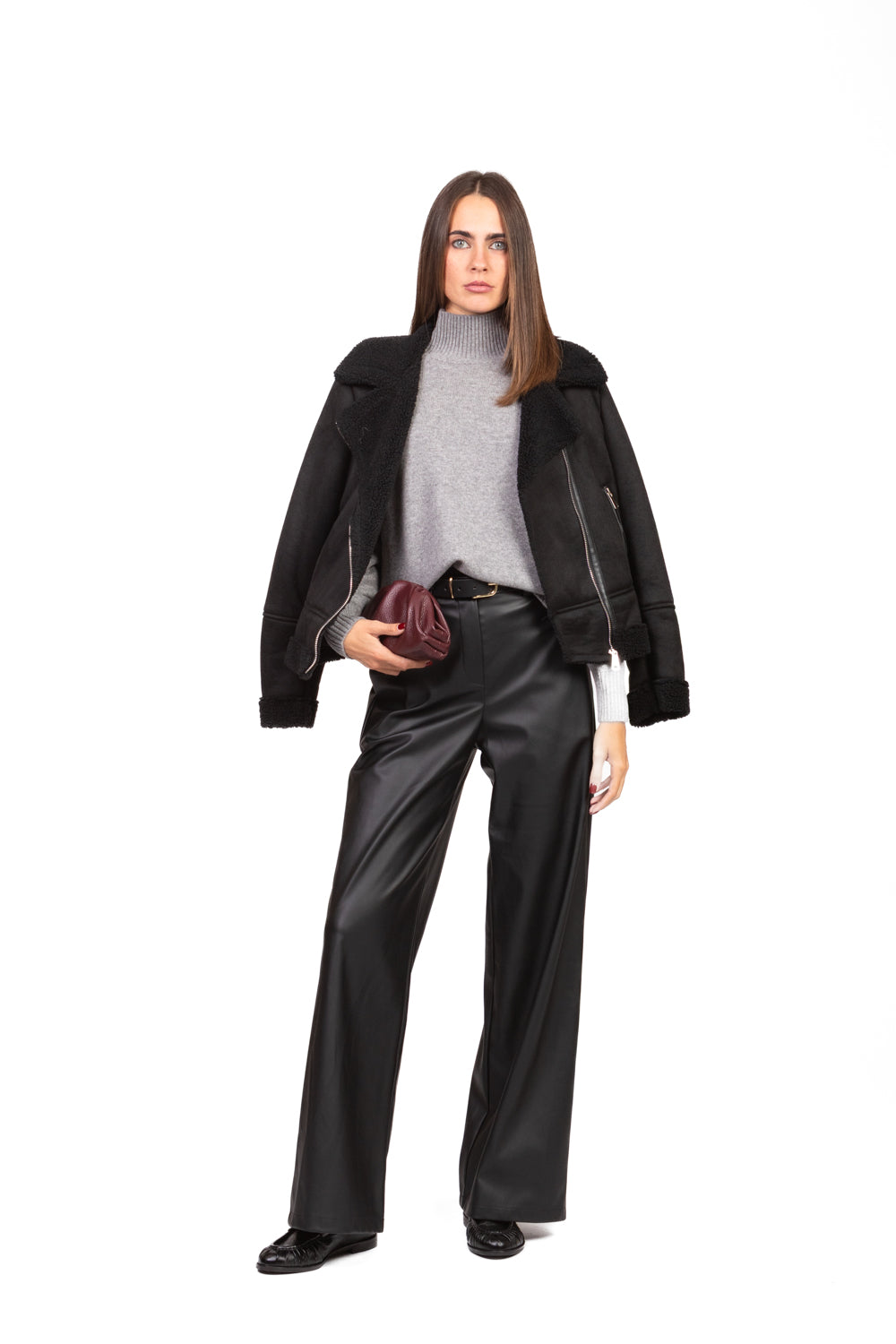 Paola - Pantalone Ecopelle Gamba Dritta Art Nero