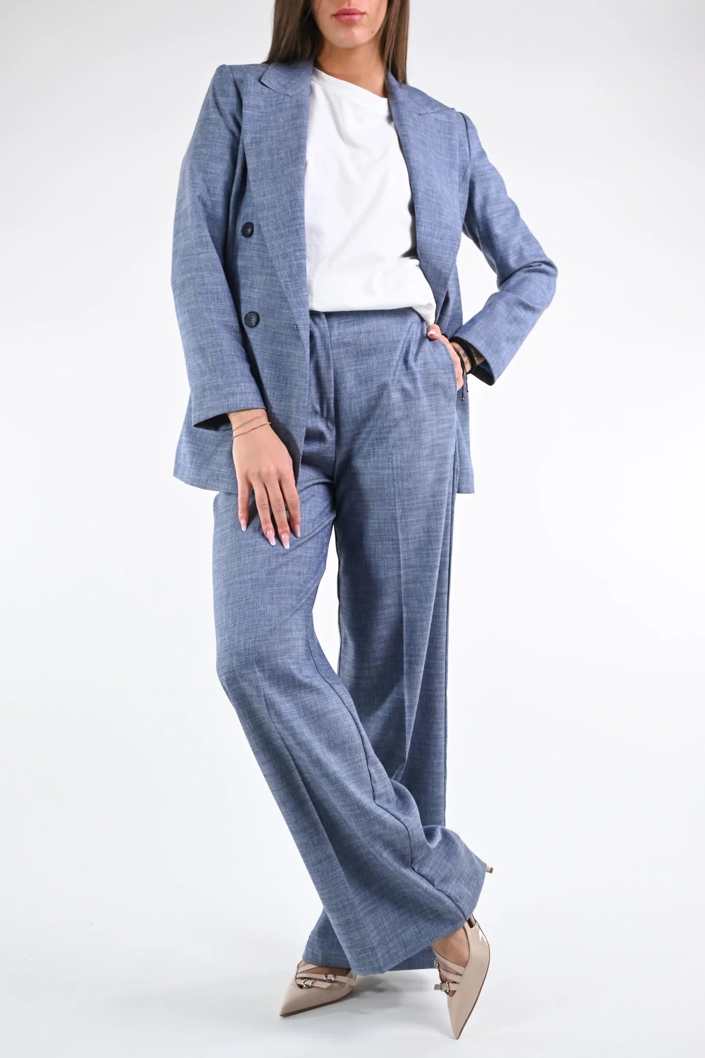 Paoletta - Giacca Doppiopetto Trama Lino Elegante Donna Blu