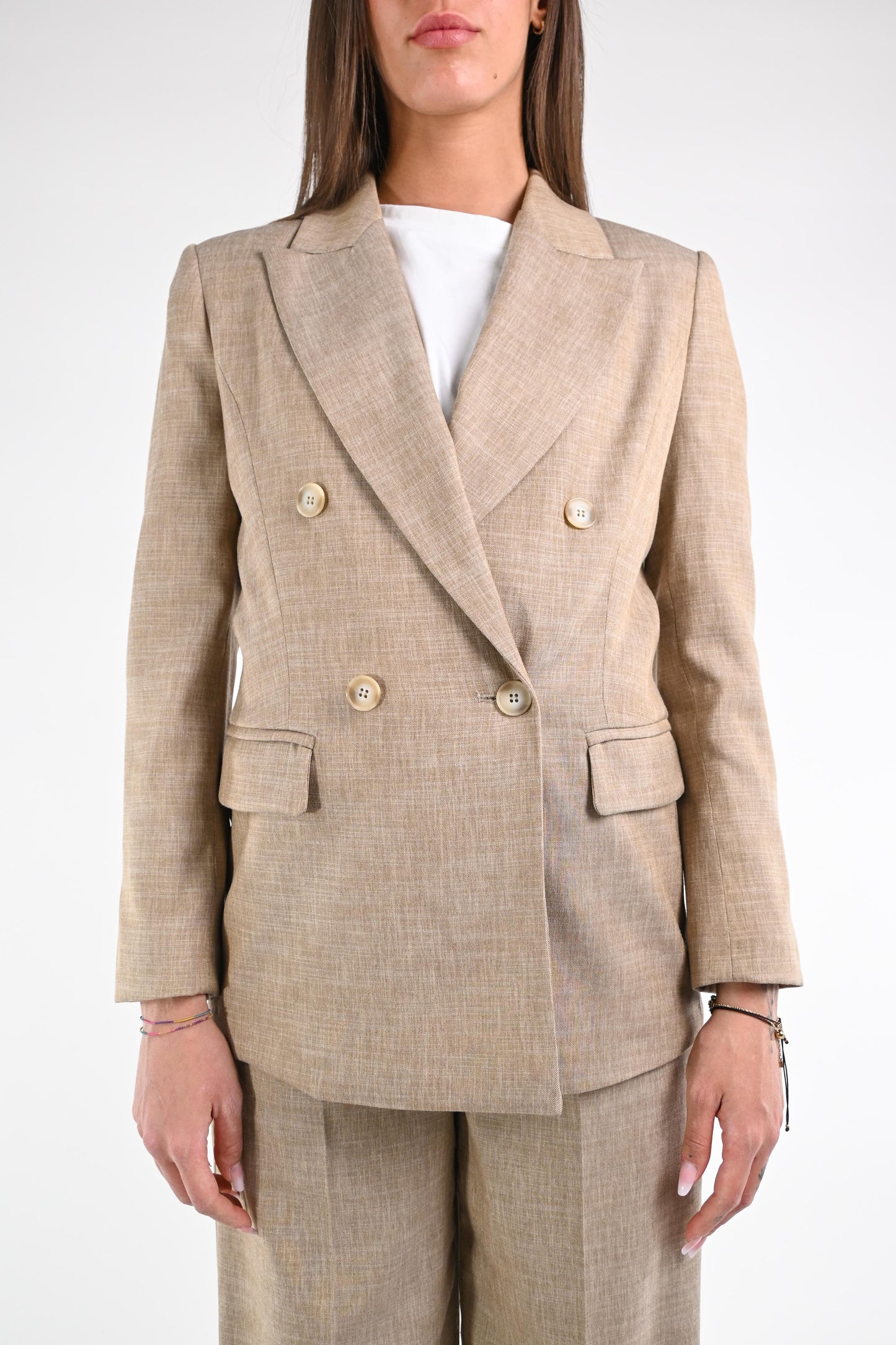 Paoletta - Giacca Doppiopetto Trama Lino Elegante Donna Cammello