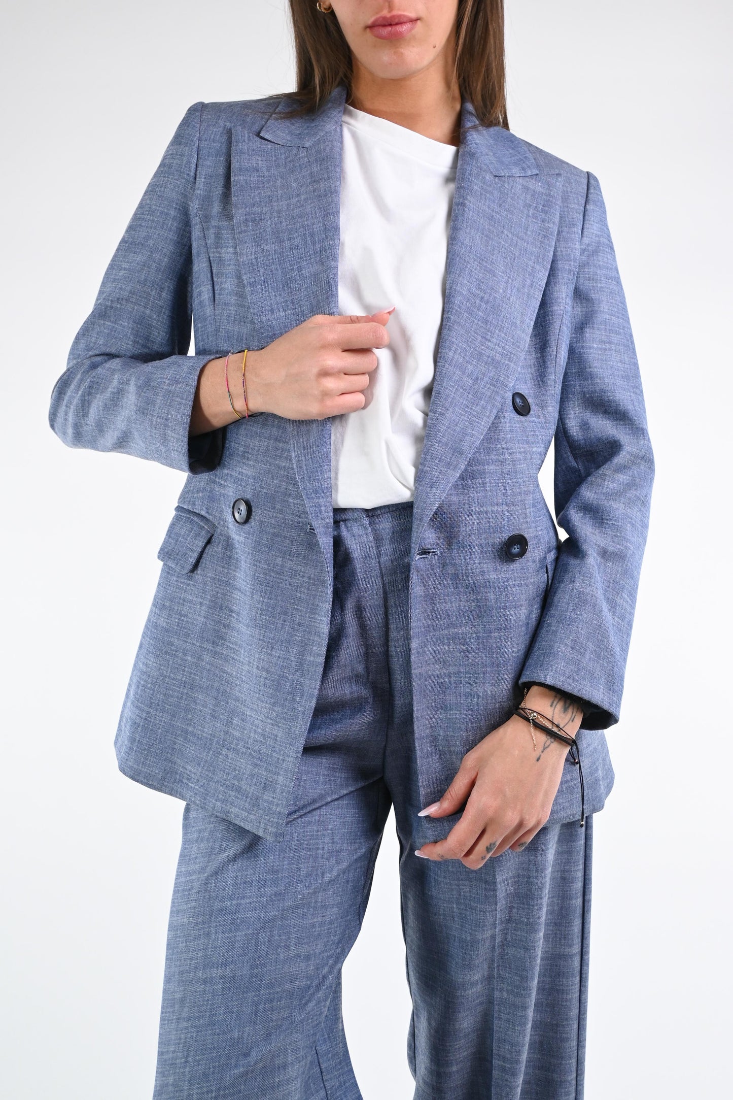 Paoletta - Giacca Doppiopetto Trama Lino Elegante Donna Celeste