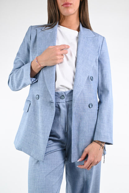 Paoletta - Giacca Doppiopetto Trama Lino Elegante Donna Celeste