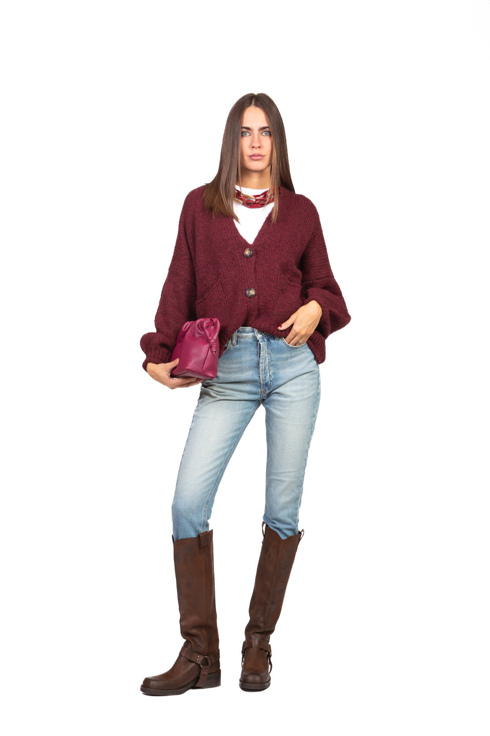 Patrizia - Cardigan Over Manica Palloncino Art Bordeaux