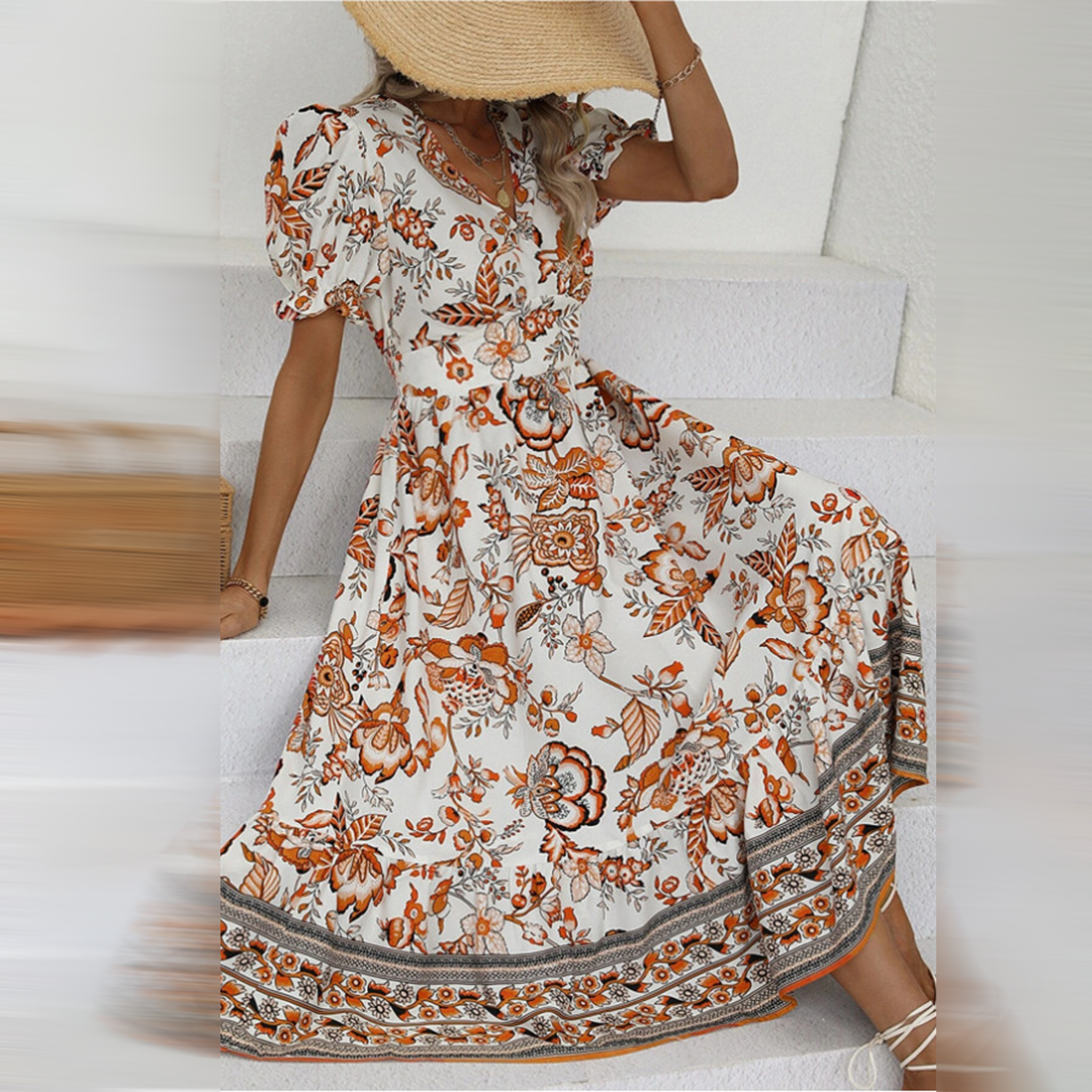 Petronilla - Abito floreale lungo donna elegante Arancia