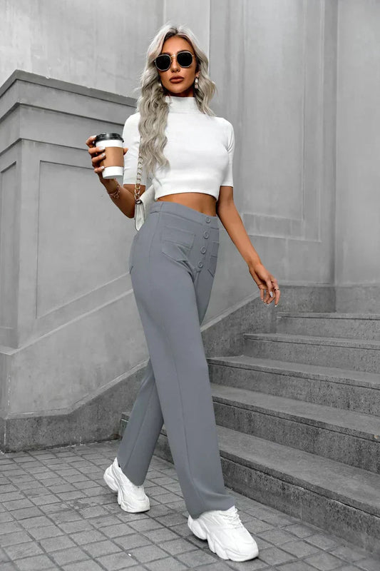 Pia – Pantaloni Vita Alta con Bottoni Donna Grigio