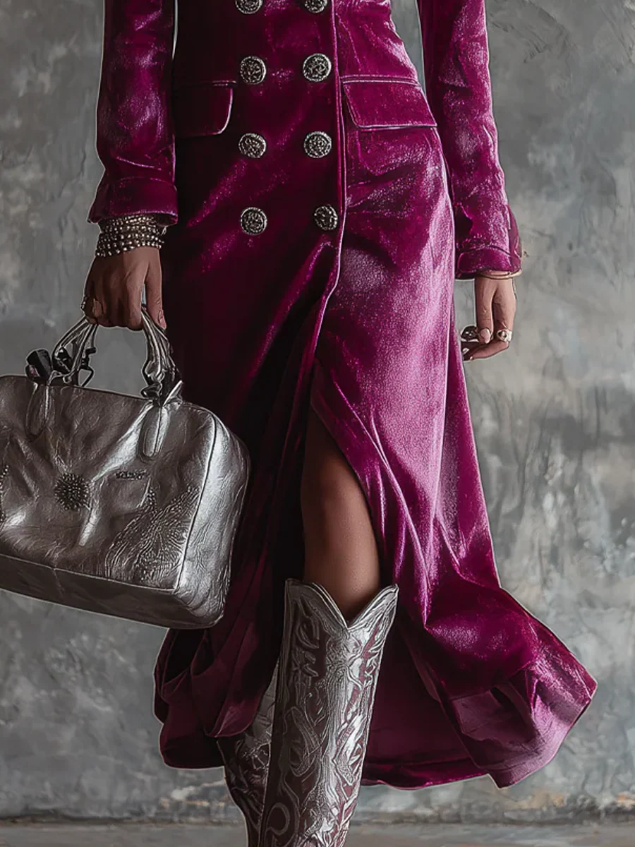 Piera - Abito Maxi Blazer Lungo in Velluto Lila  