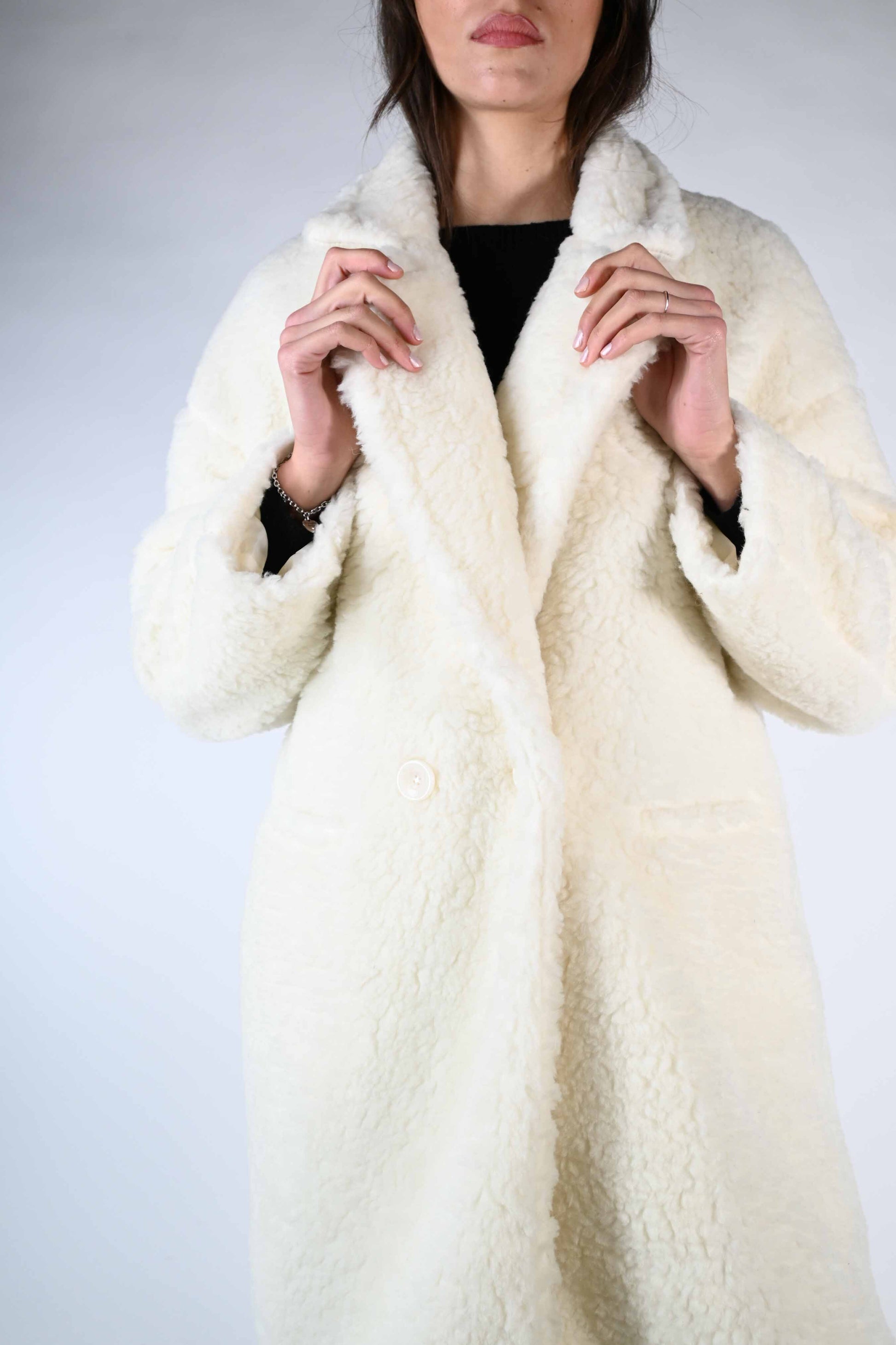 Pierina - Cappotto Orsetto Misto Lana Doppiopetto Elegante Panna 