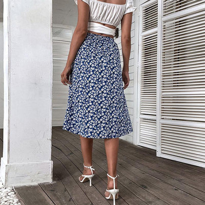 Pierina – Gonna Midi Floreale con Balze Donna Blu