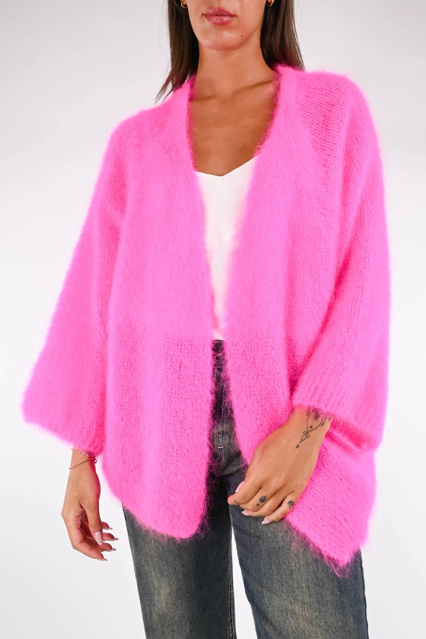 Prisca - Cardigan Over Kid Mohair Donna Morbido Fuxia Fluo