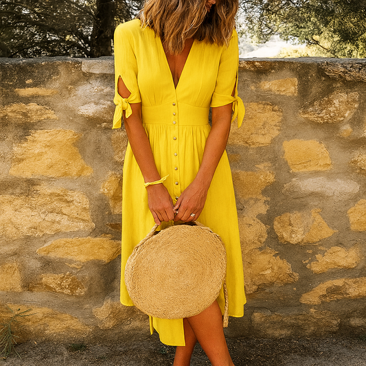 Quinzia – Abito Midi Traspirante con Scollo a V e Bottoni Donna Giallo