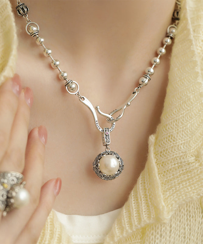 Loretta - Collana Retro Perla Pendente Argento Donna