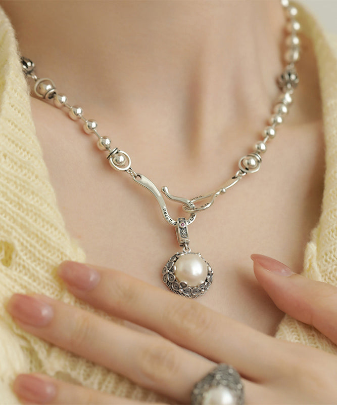 Loretta - Collana Retro Perla Pendente Argento Donna
