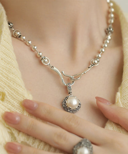 Loretta - Collana Retro Perla Pendente Argento Donna