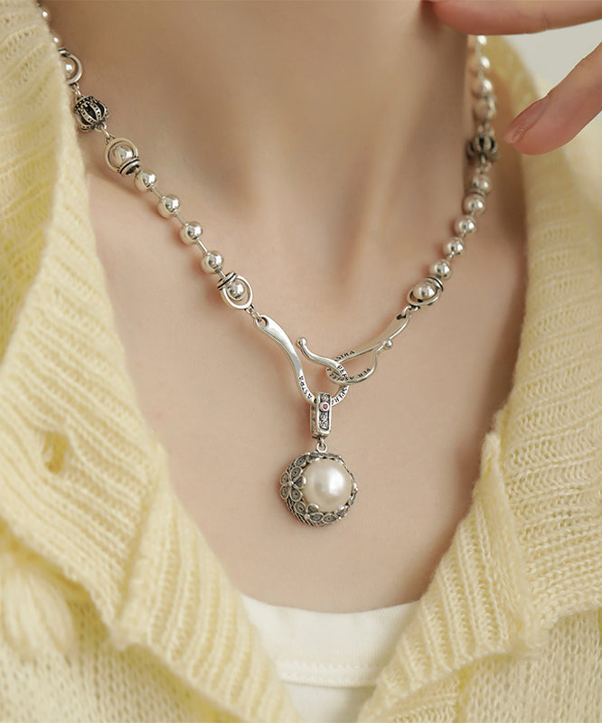 Loretta - Collana Retro Perla Pendente Argento Donna