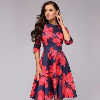 Pia – Abito Midi Con Scollo Rotondo E Fantasia Floreale Ricercata