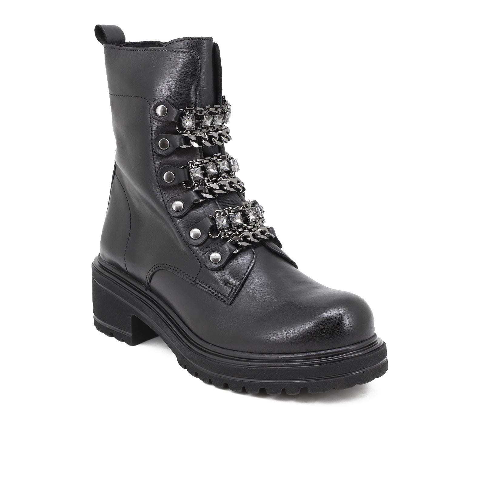 Rosanna - Stivaletti bikers in pelle con catene donna NERO