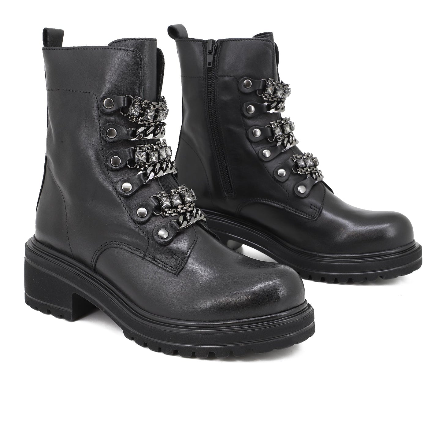 Rosanna - Stivaletti bikers in pelle con catene donna NERO