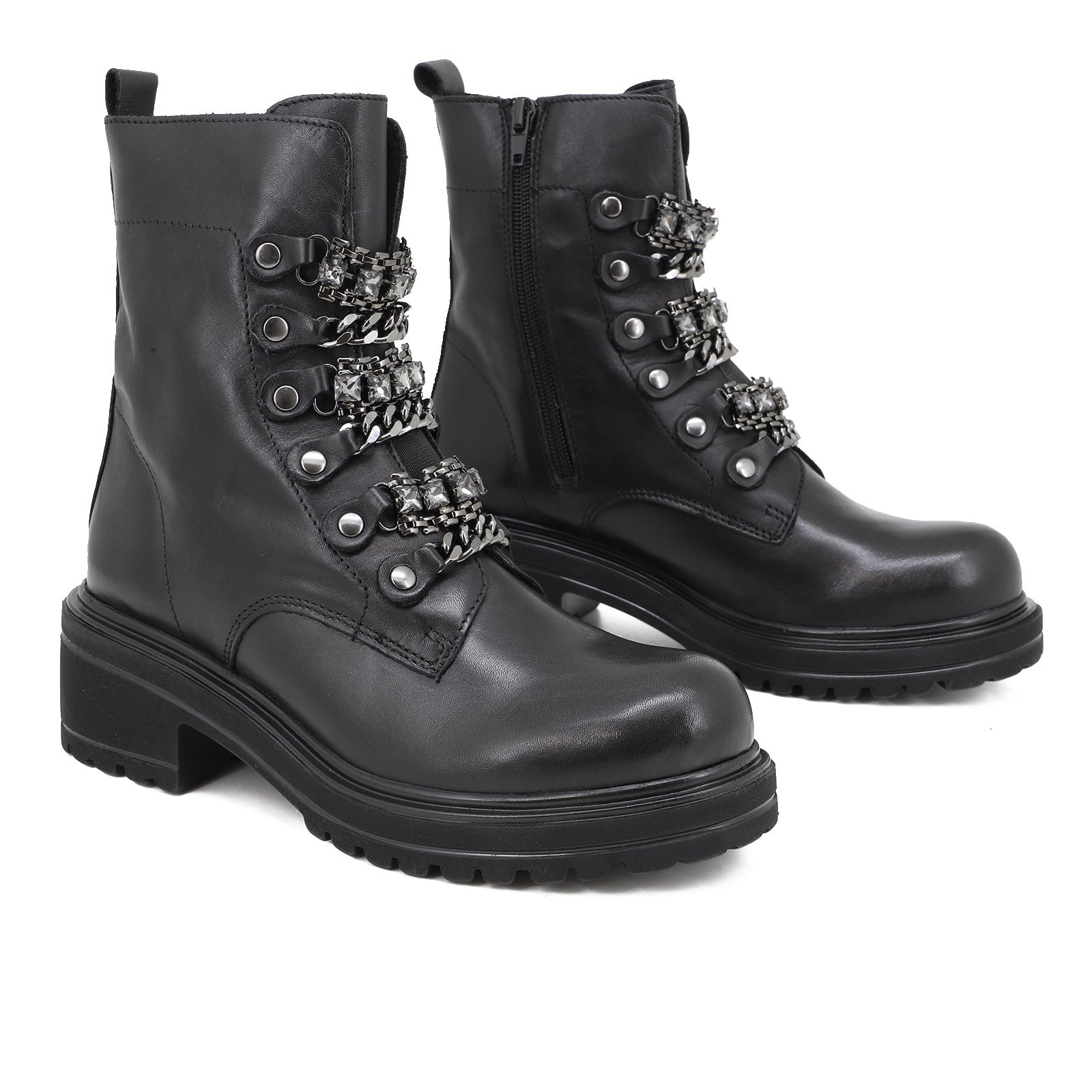 Rosanna - Stivaletti bikers in pelle con catene donna NERO