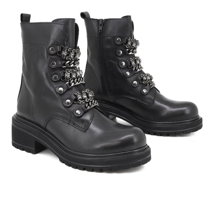 Rosanna - Stivaletti bikers in pelle con catene donna NERO