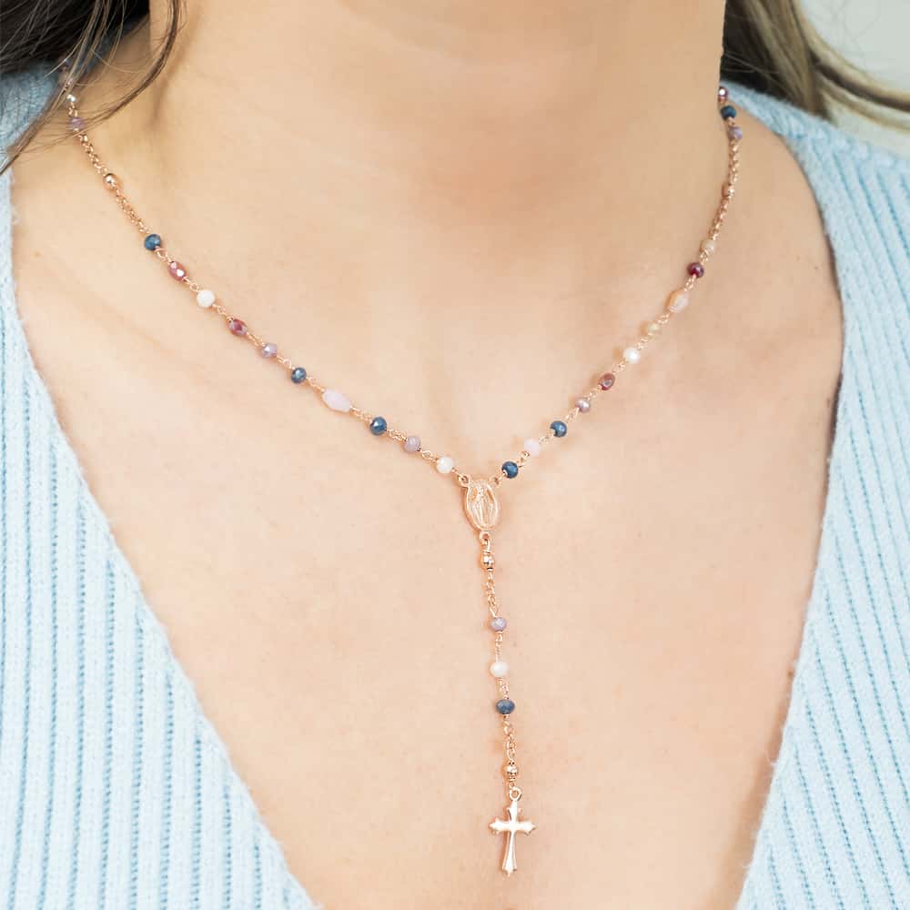 Livinda – Collana Rosario Argento Rosa e Pietre Colorate