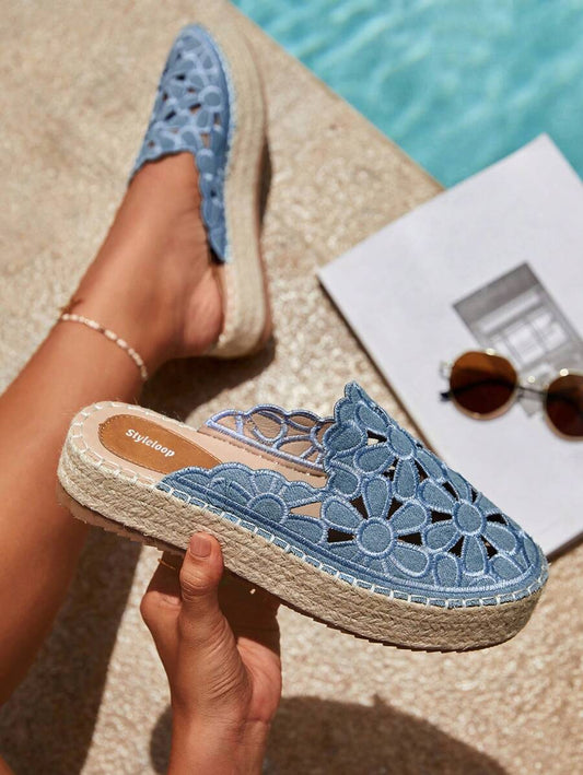 Hospitia - Espadrillas Ricamate Blu Cottagecore Donna Estate
