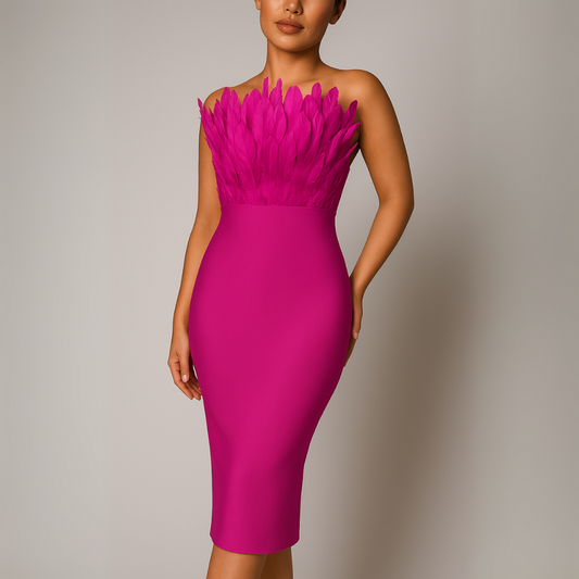 Ruslana – Abito Midi Senza Spalline con Piume Donna Rosa Rossa