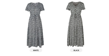Maura – Abito Maxi Boho con Stampa e Scollo a V Maniche Corte Casual Estivo Primaverile