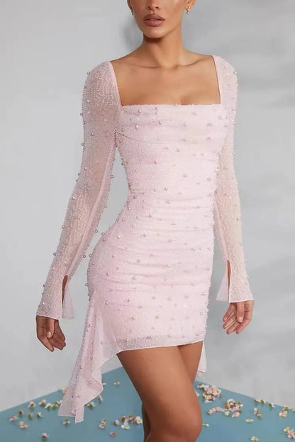 Tania - Abito elegante con perline maniche lunghe donna