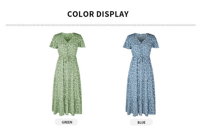 Maura – Abito Maxi Boho con Stampa e Scollo a V Maniche Corte Casual Estivo Primaverile