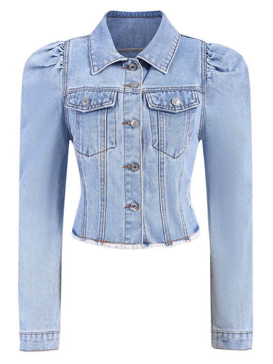 Elda - Cappotto in denim con maniche a sbuffo e bottoni