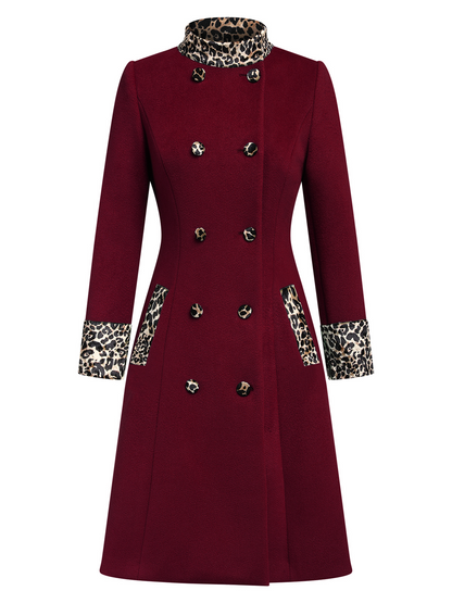 Fanny - Cappotto bordeaux con patchwork leopardato e bottoni