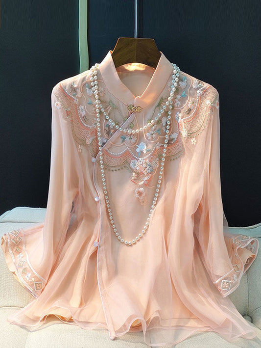 Sacra - Blusa rosa con ricami floreali elegante donna Rose