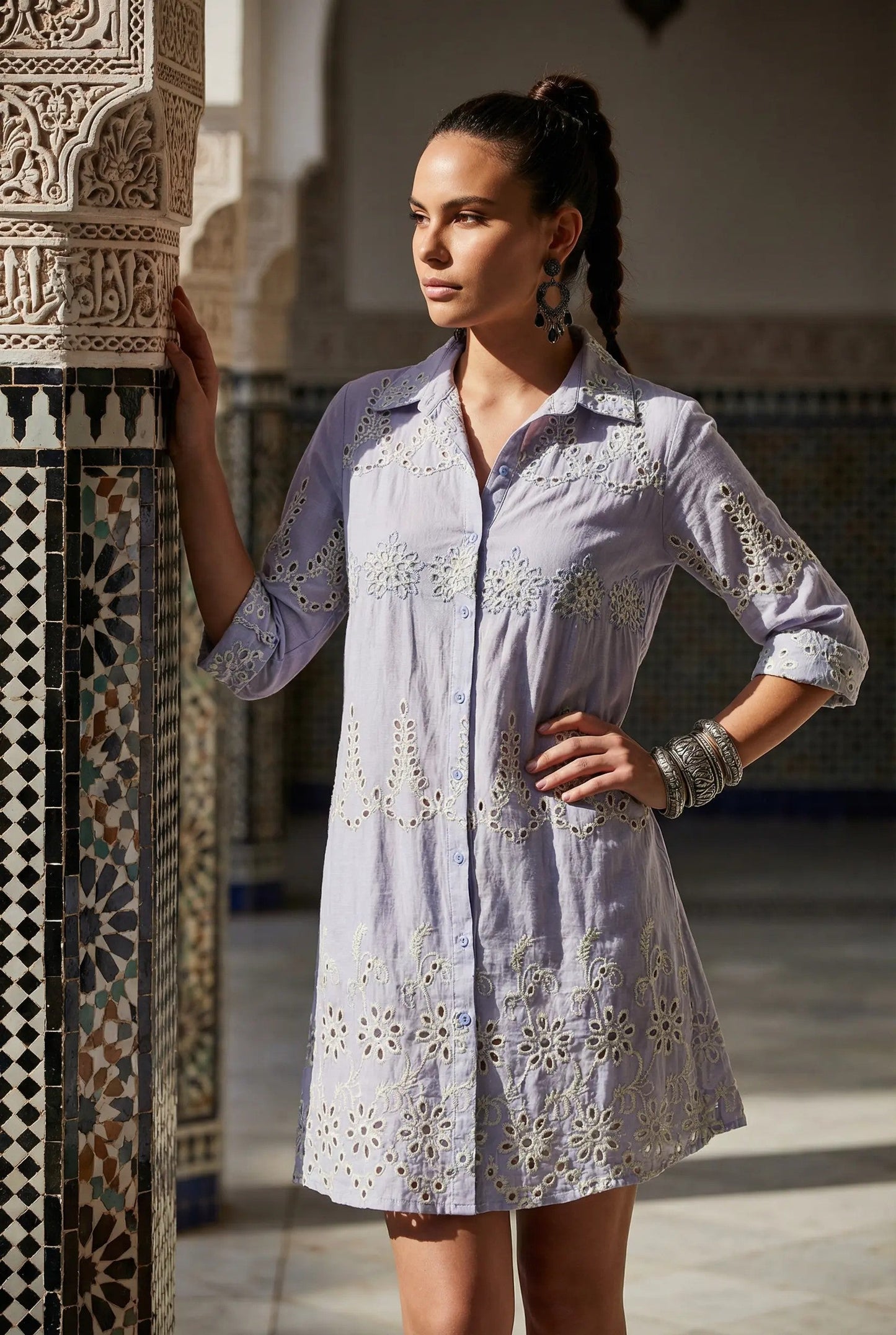Quinara - Abito Camicia Ricamato Elegante Donna Chic