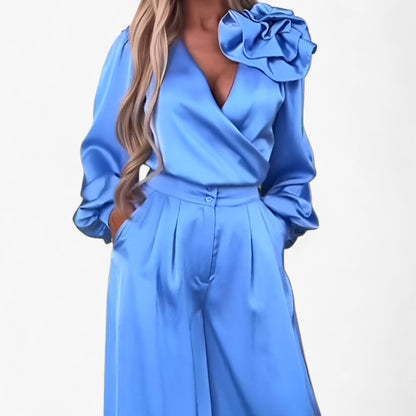 Helissa - Set Donna con Top a V e Pantaloni Larghi