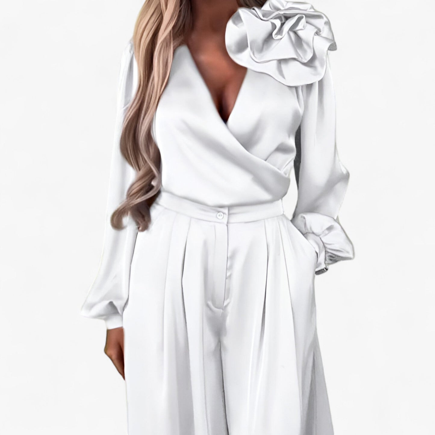 Helissa - Set Donna con Top a V e Pantaloni Larghi