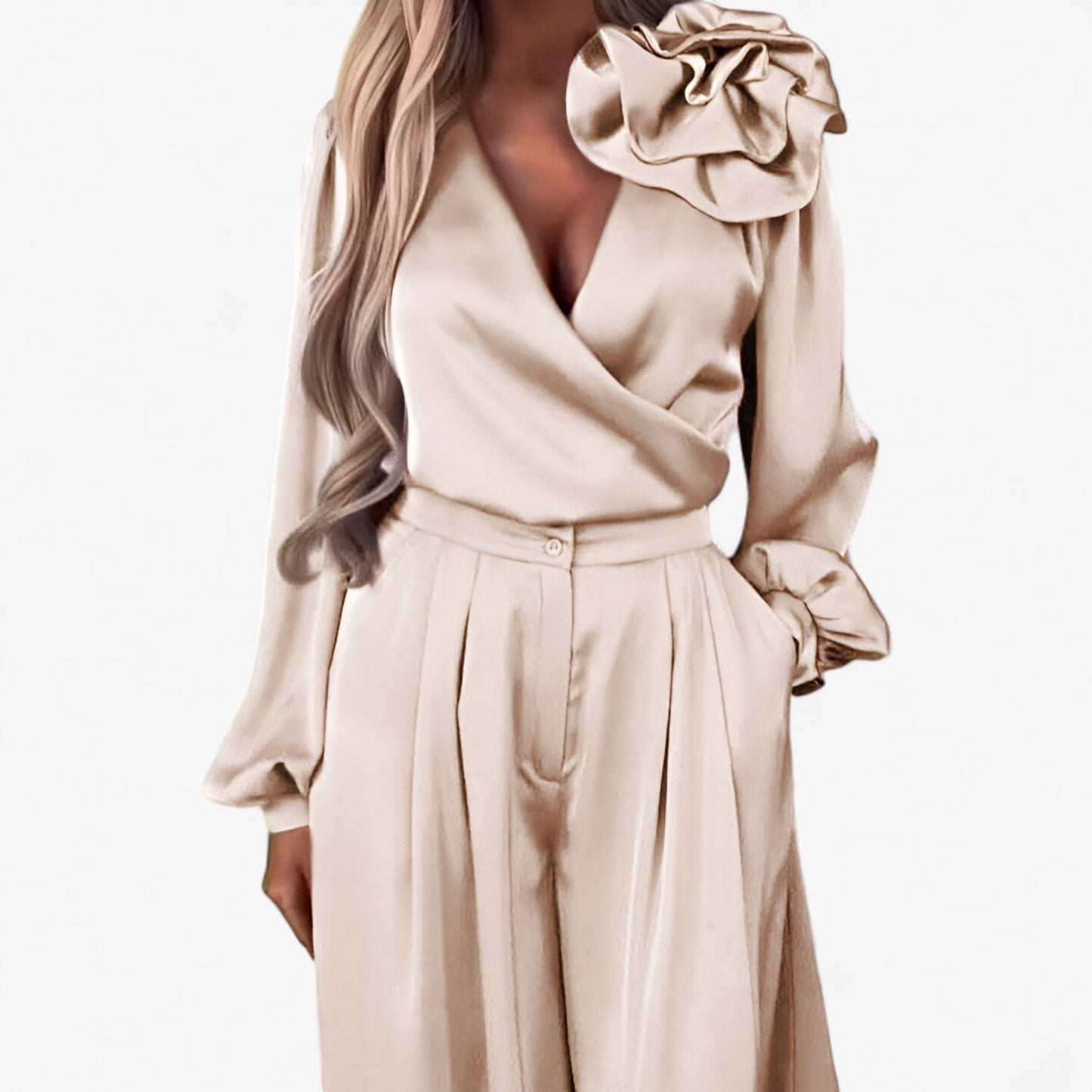 Helissa - Set Donna con Top a V e Pantaloni Larghi