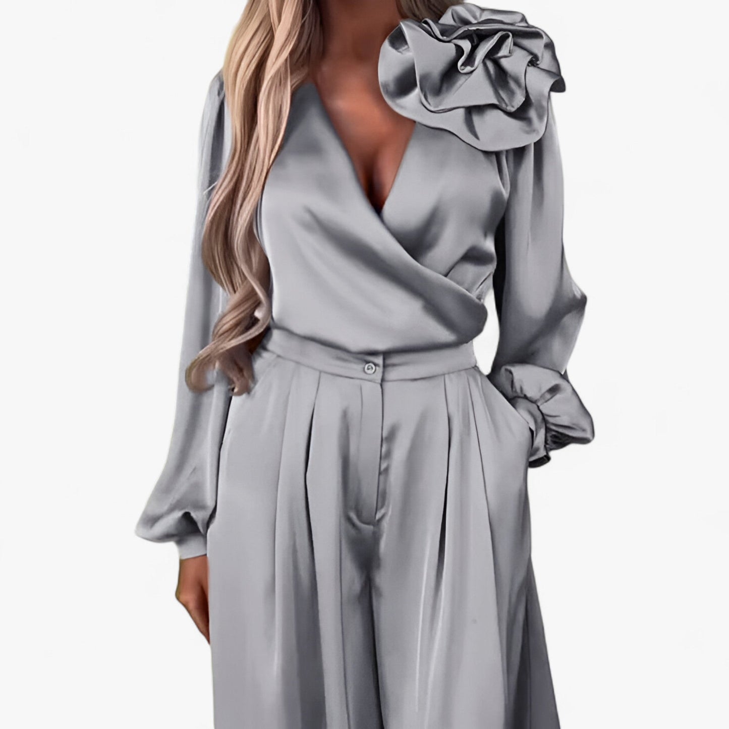 Helissa - Set Donna con Top a V e Pantaloni Larghi