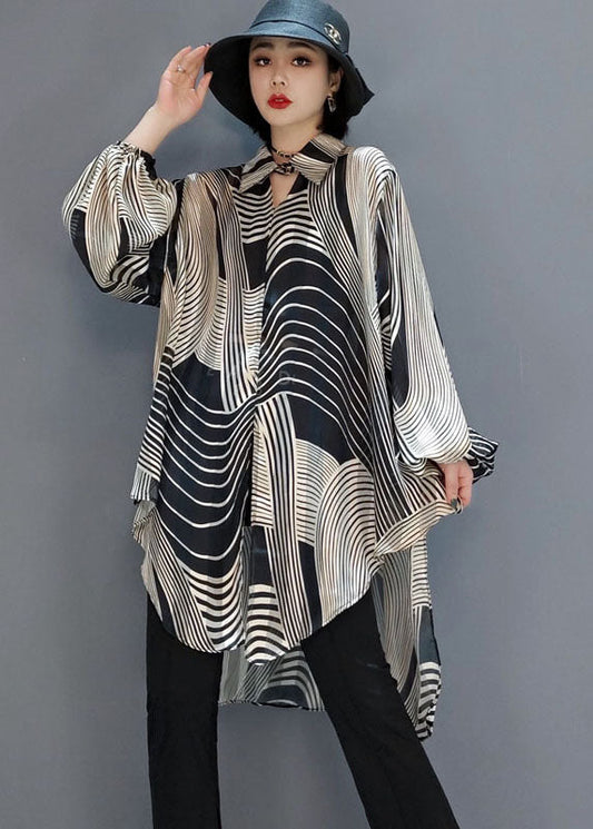 Severina - Blusa in chiffon a righe elegante donna Nero + Beige