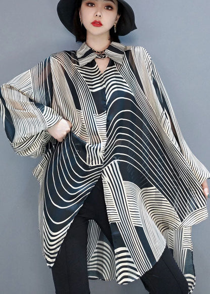 Severina - Blusa in chiffon a righe elegante donna Nero + Beige