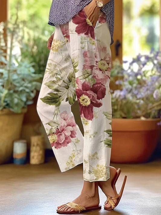 Sidonia - Pantaloni estivi floreali da donna Rosso Rosa