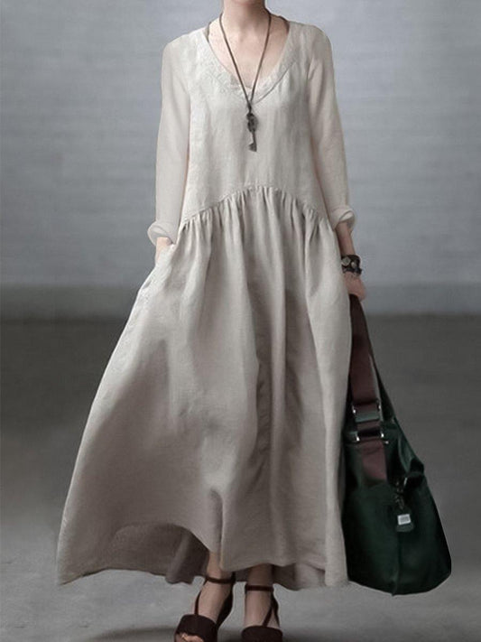 Silvana - Vestito ampio in cotone e lino con scollo a V donna Avorio