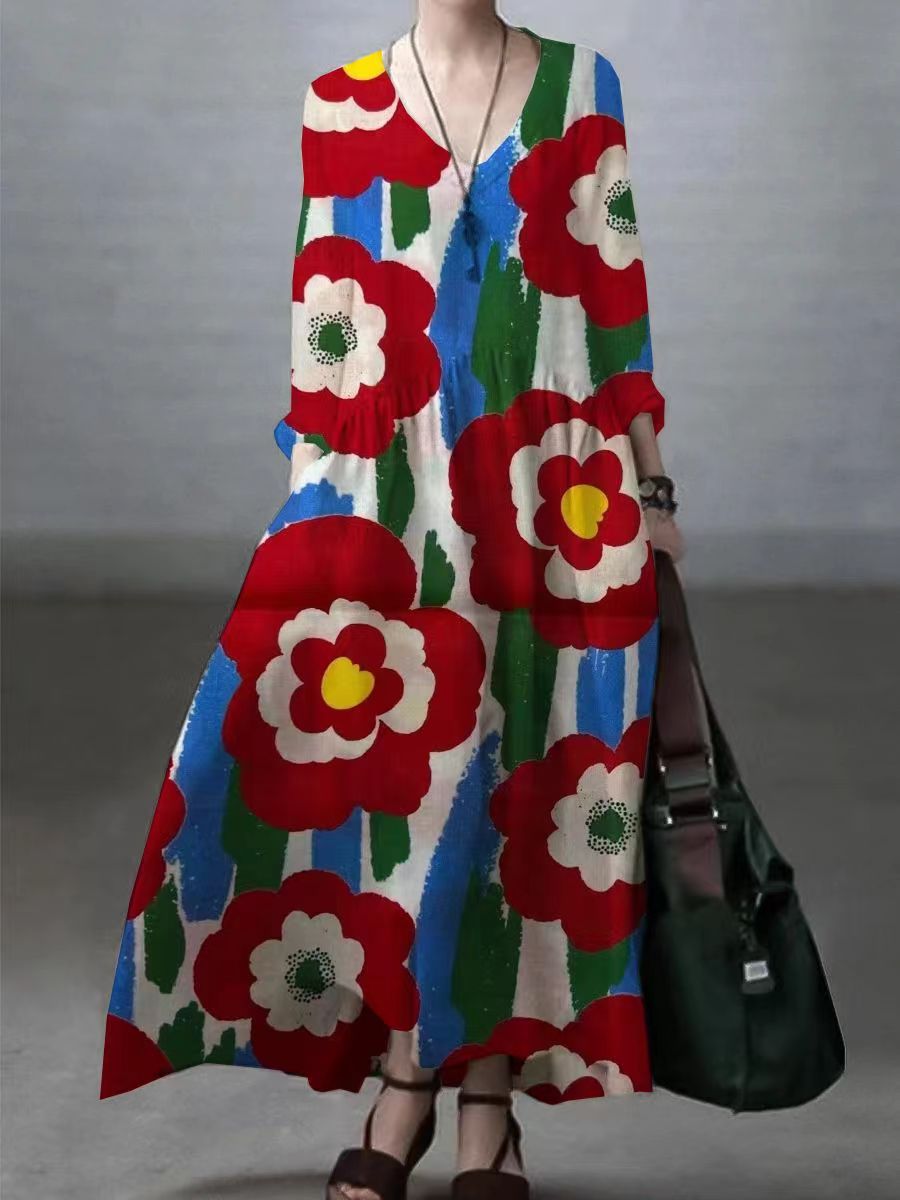 Silvana - Vestito ampio in cotone e lino con scollo a V donna Rosso