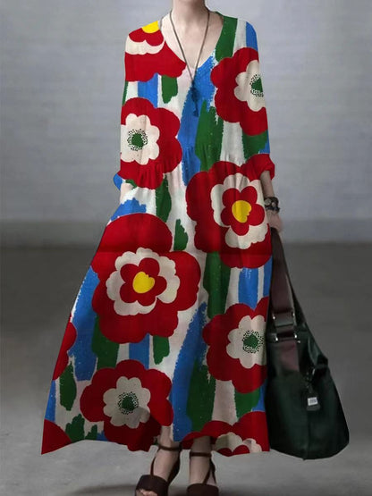 Silvana - Vestito ampio in cotone e lino con scollo a V donna Rosso