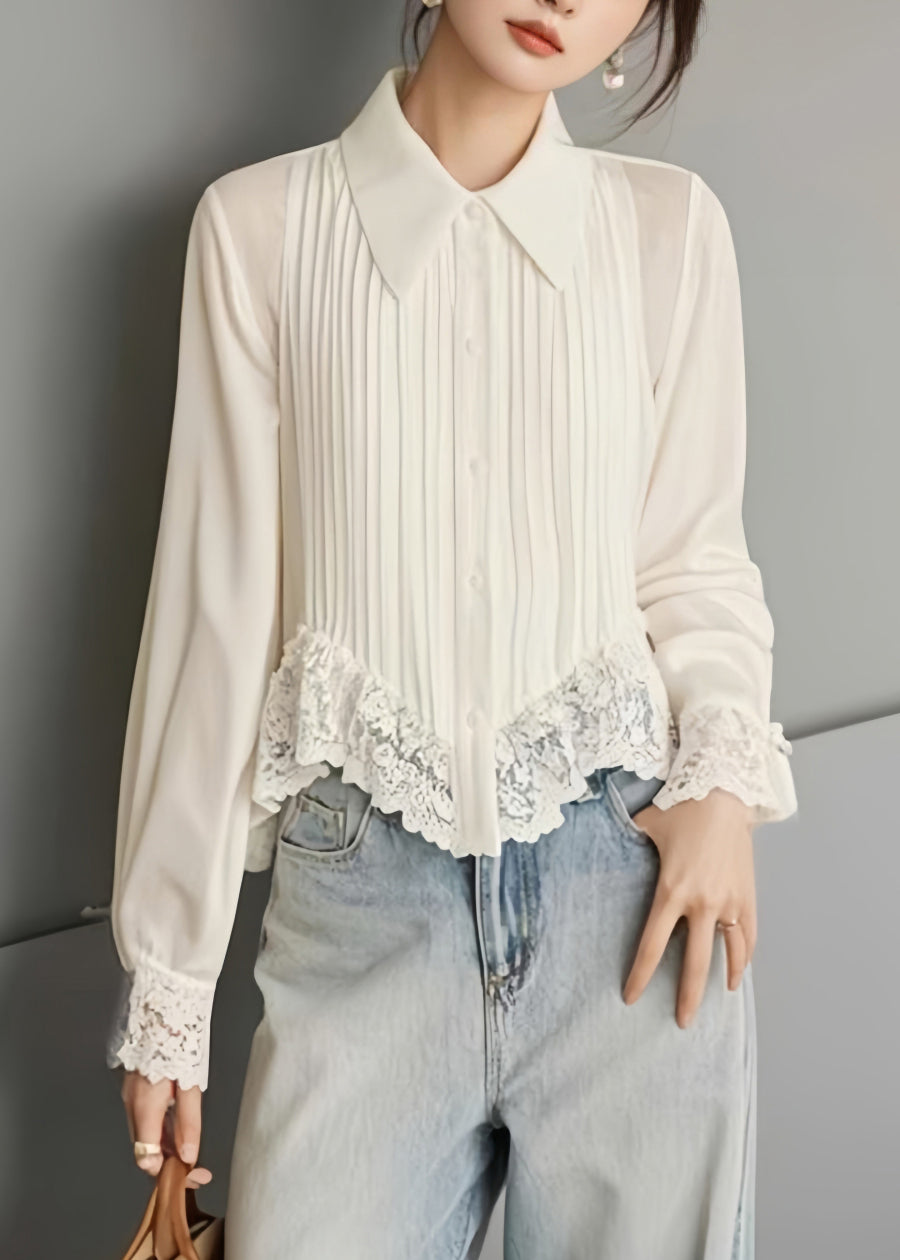 Simona - Blusa bianca in chiffon con pizzo donna Bianco
