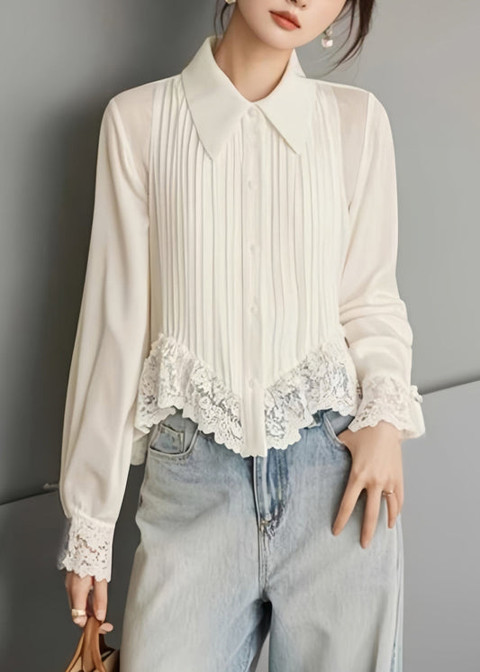 Simona - Blusa bianca in chiffon con pizzo donna Bianco