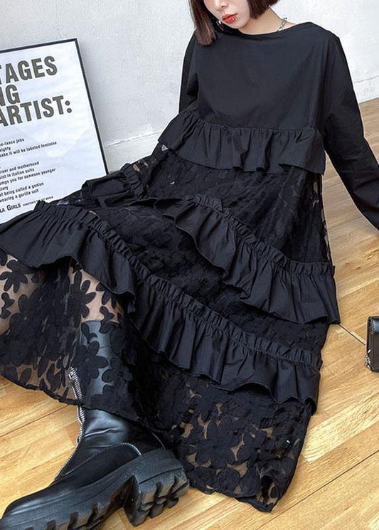 Siria - Vestito boho nero in pizzo con volant donna Nero
