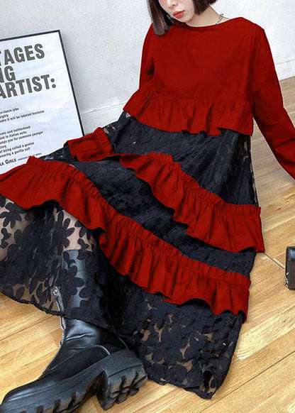 Siria - Vestito boho nero in pizzo con volant donna Rosso