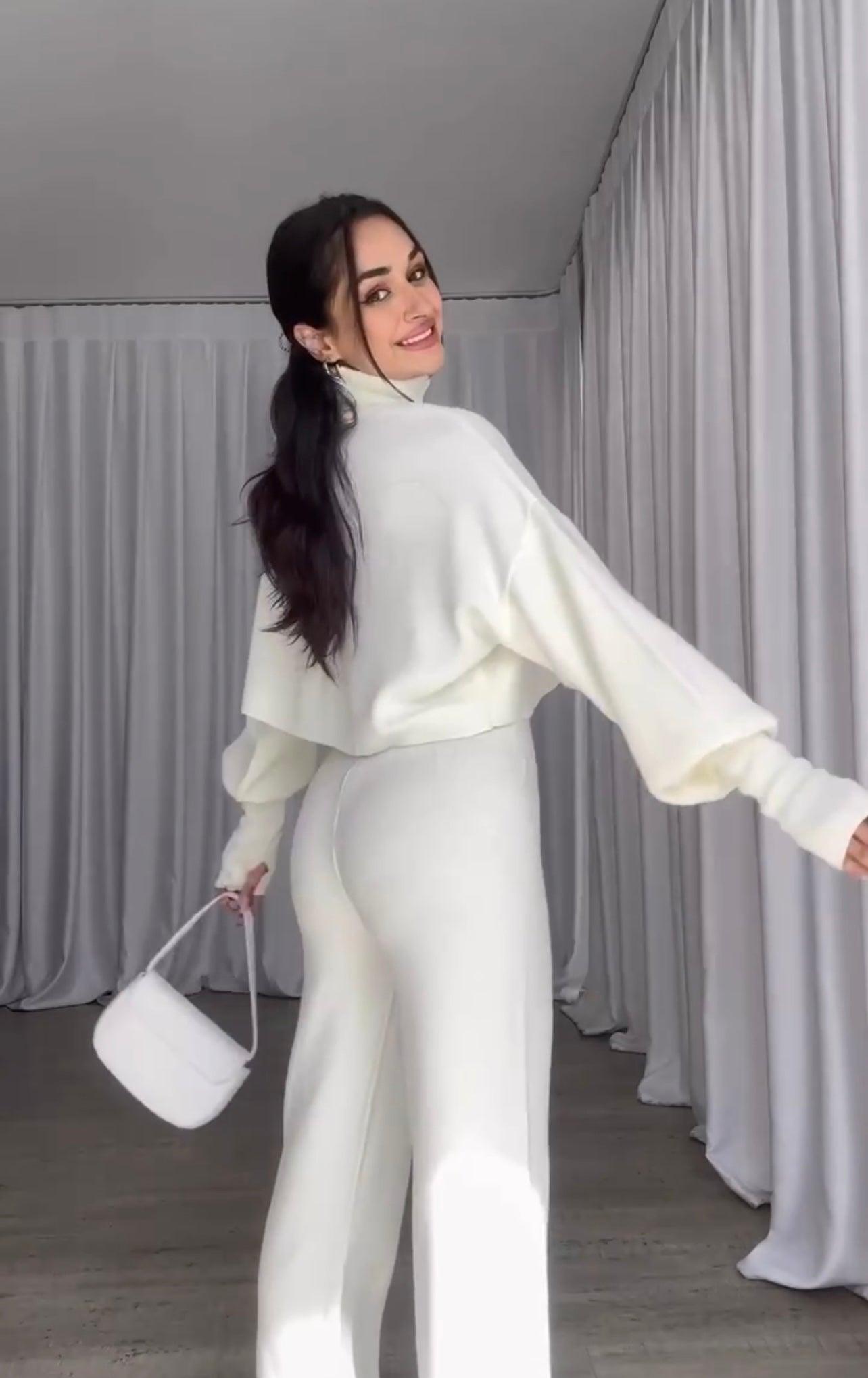 Siriana - Coordinato dolcevita e pantalone svasato donna BIANCO